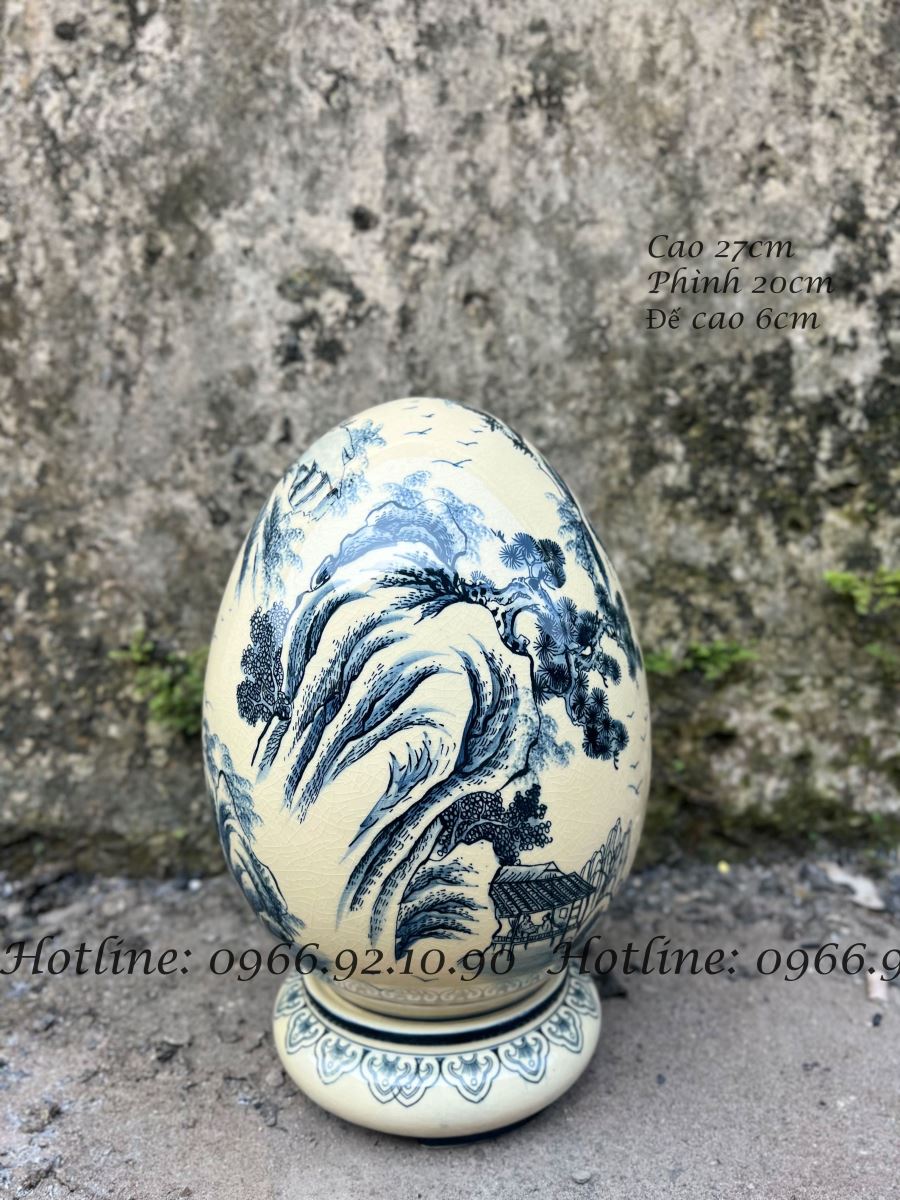 Quả trứng phong thủy Bát Tràng gốm sứ cao cấp, họa tiết sơn thủy, tặng đế sang trọng